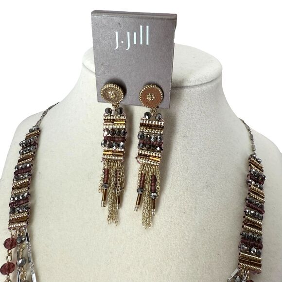 J. Jill Beaded Necklace Fringe Earrings Set Mixed Metal Faceted Iced Statement - Picture 6 of 15